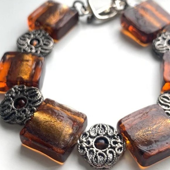Orange & Gold Handmade Glass & Metal Bracelet Trio with Silver Accents - Picture 2 of 16
